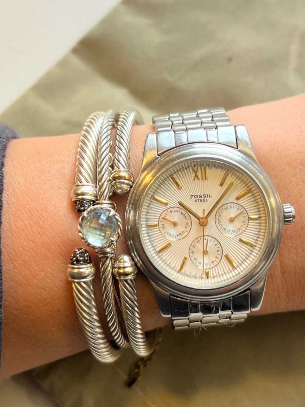 Fossil Stainless Steel Multifunction Watch Silver Gold Dial Classic